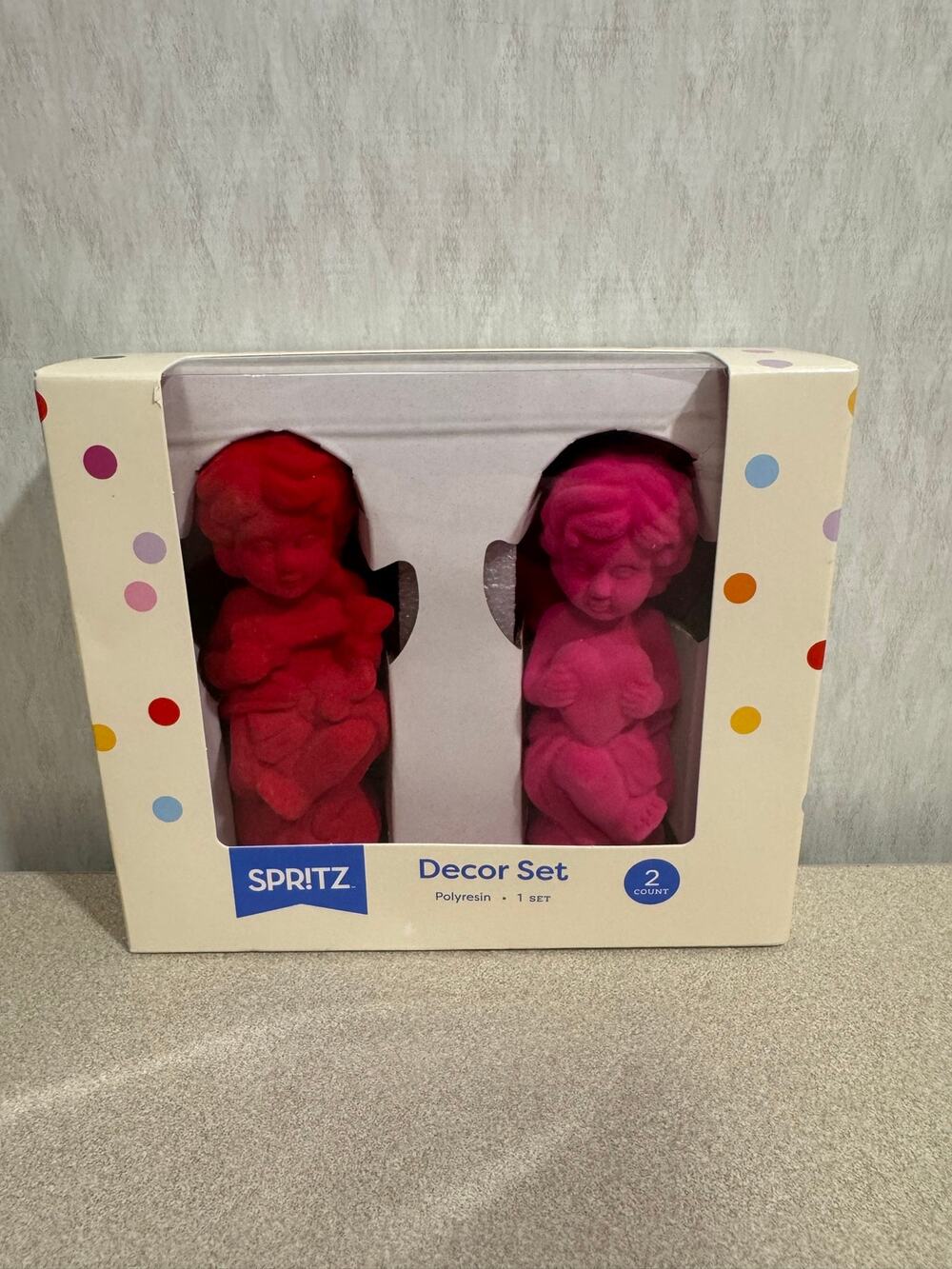 Spritz Flocked Cherub Statues Set Red Pink Tabletop Decor New